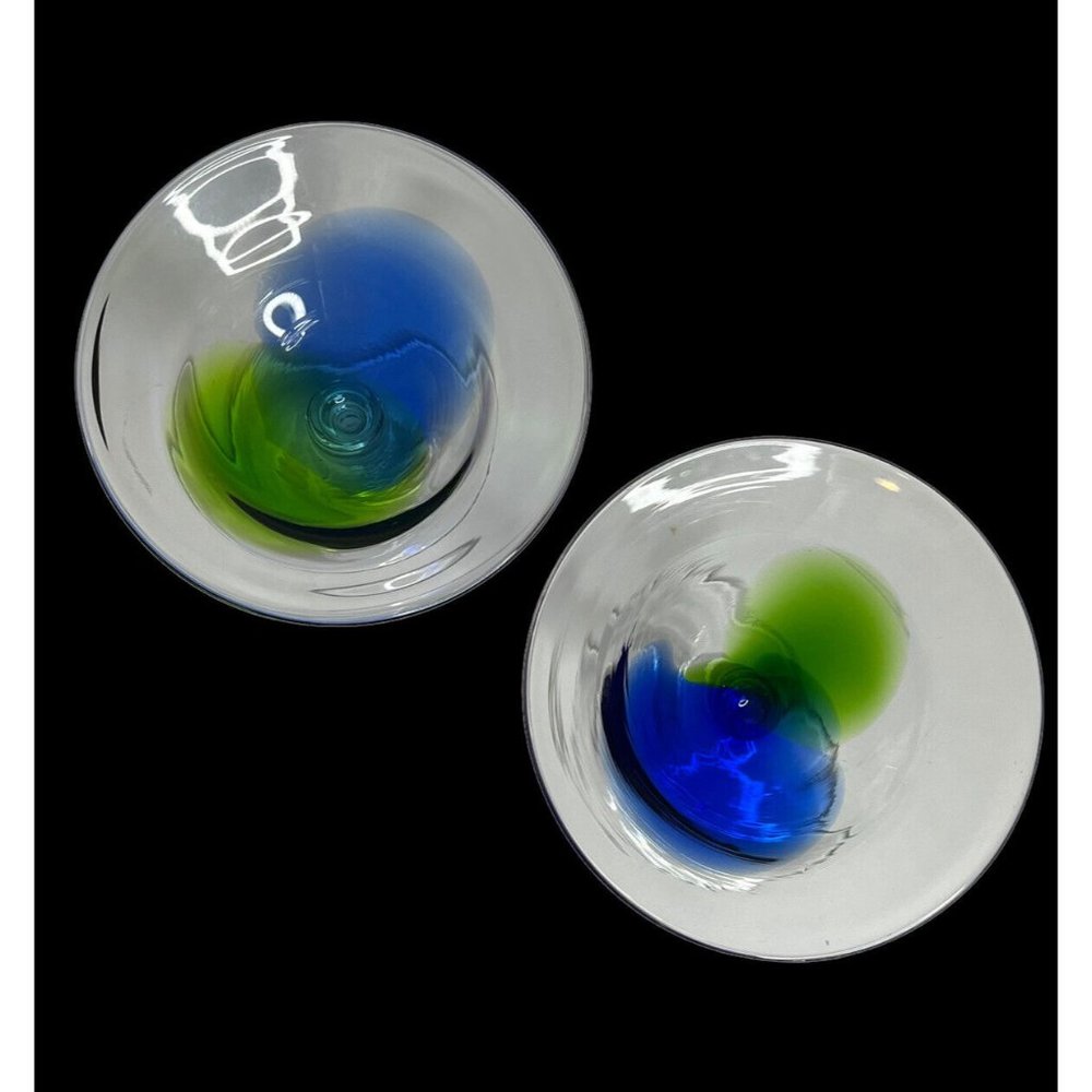 Hand Blown Blue Green Art Swirl Martini Bar Modern Cocktail Glasses Stemware - Picture 8 of 8